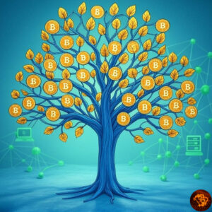 Un árbol con las monedas de Bitcoin en las hojas