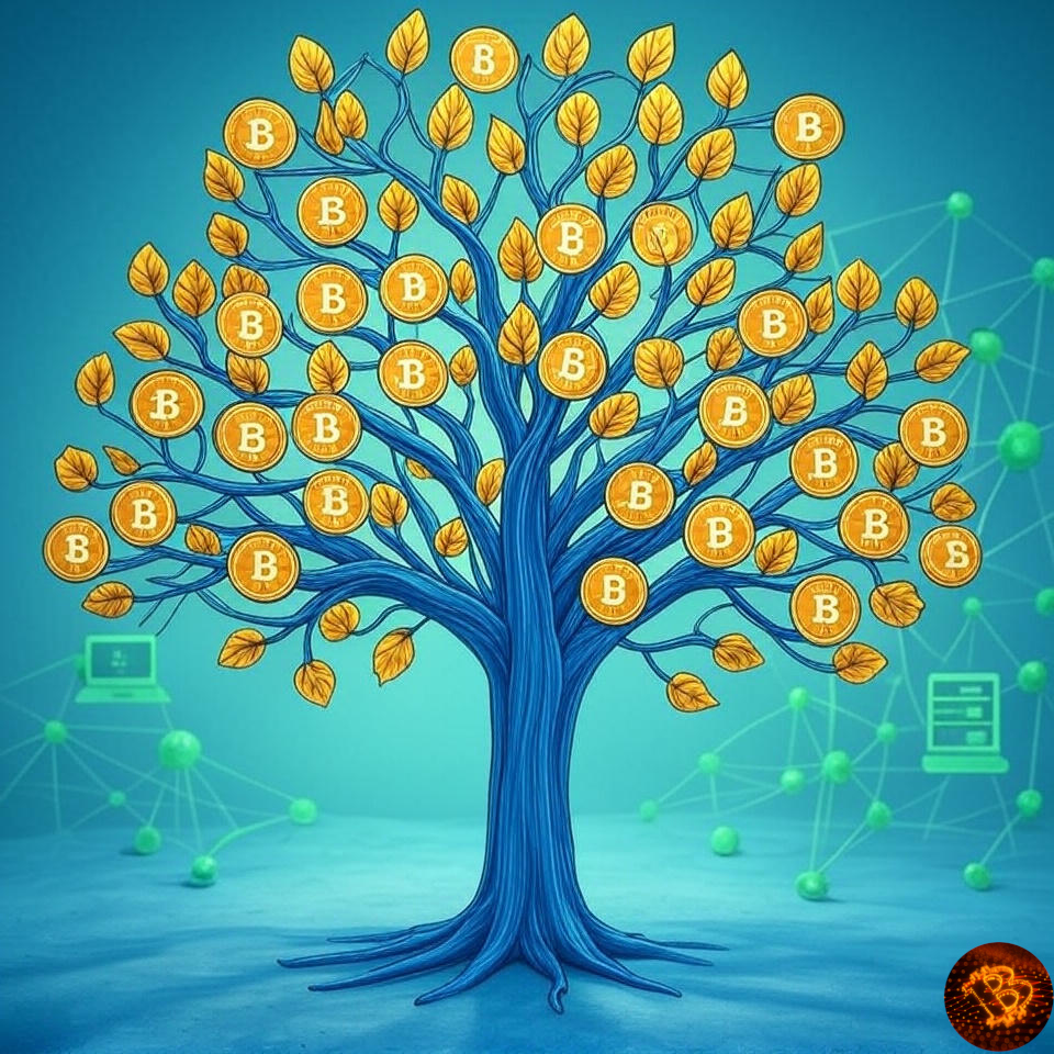 Un árbol con las monedas de Bitcoin en las hojas